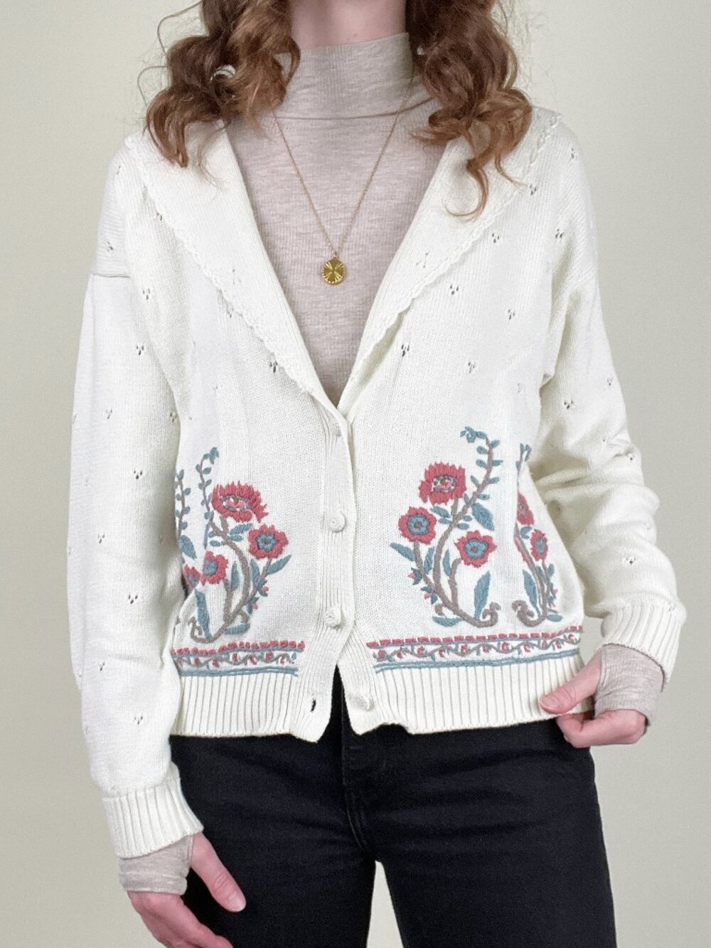 Vintage Pointelle Knit Cardigan Sweater Embroidered Floral Cottagecore Feminine
